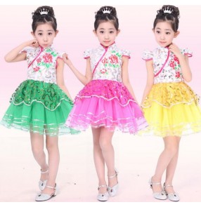 Fuchsia green yellow gold white patchwork flower cheongsam girls kids child children princess flower girl jazz dance school play dance costumes dresses outfits